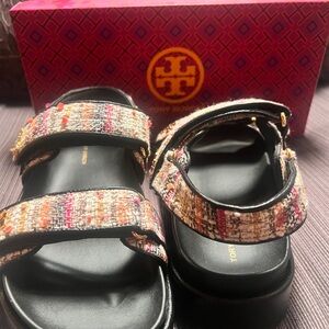 Tory Burch Kira Sport Tweed Logo Sandals with Gold Hardware stunning/comfortable